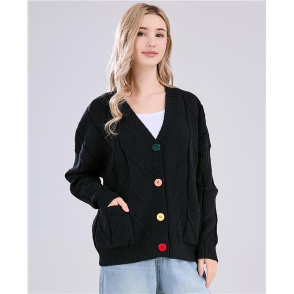 Women's Cable Knit Long Sleeve Open Front Cardigan Sheep V-Neck Button Down - Picture 3 of 6